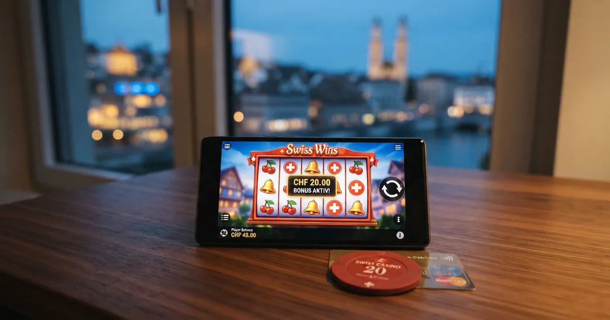 Schweizer Online-Casino-Startseite mit Bonus-Angebot auf dem Bildschirm, Schweizer Flagge als Herkunftssymbol