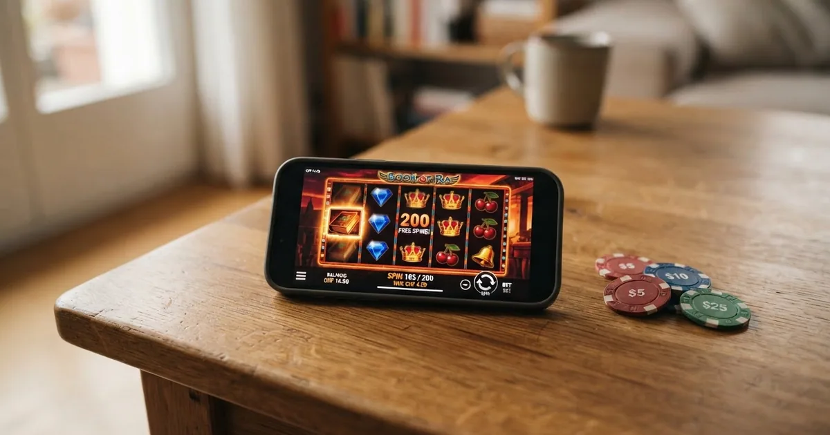 Eine Reihe Schweizer Franken-Münzen neben einem Smartphone, auf dessen Bildschirm bunte Spielautomaten-Walzen zu sehen sind