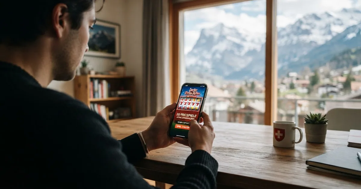 Nahaufnahme eines Smartphones mit geöffneter Casino-Website, auf dem Bildschirm ein Spielautomat mit der Einblendung «30 Freispiele»