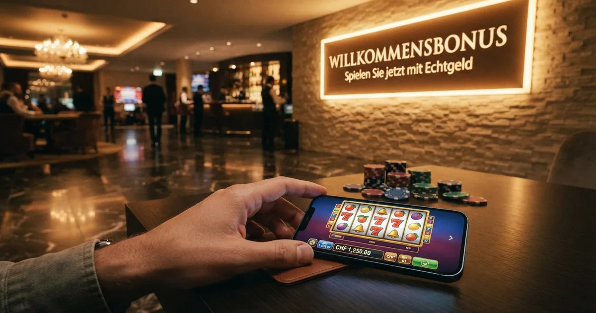 Schweizer Online-Casino-Lobby mit einem Willkommensschild, das einen Bonus ohne Einzahlung bewirbt, im Hintergrund das Logo der ESBK