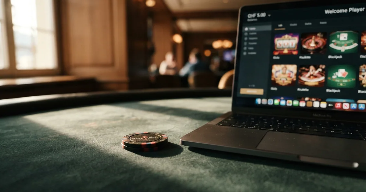 Eine Nahaufnahme eines Schweizer 5-Franken-Stücks auf einer Casino-Tischoberfläche, daneben ein geöffneter Laptop mit einer Casino-Startseite