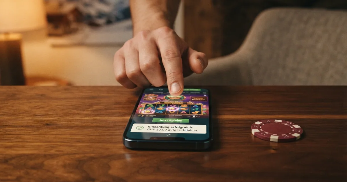 Schweizer Online-Casino-Lobby mit Willkommensbildschirm und CHF-50-Einzahlungsanzeige auf dem Smartphone