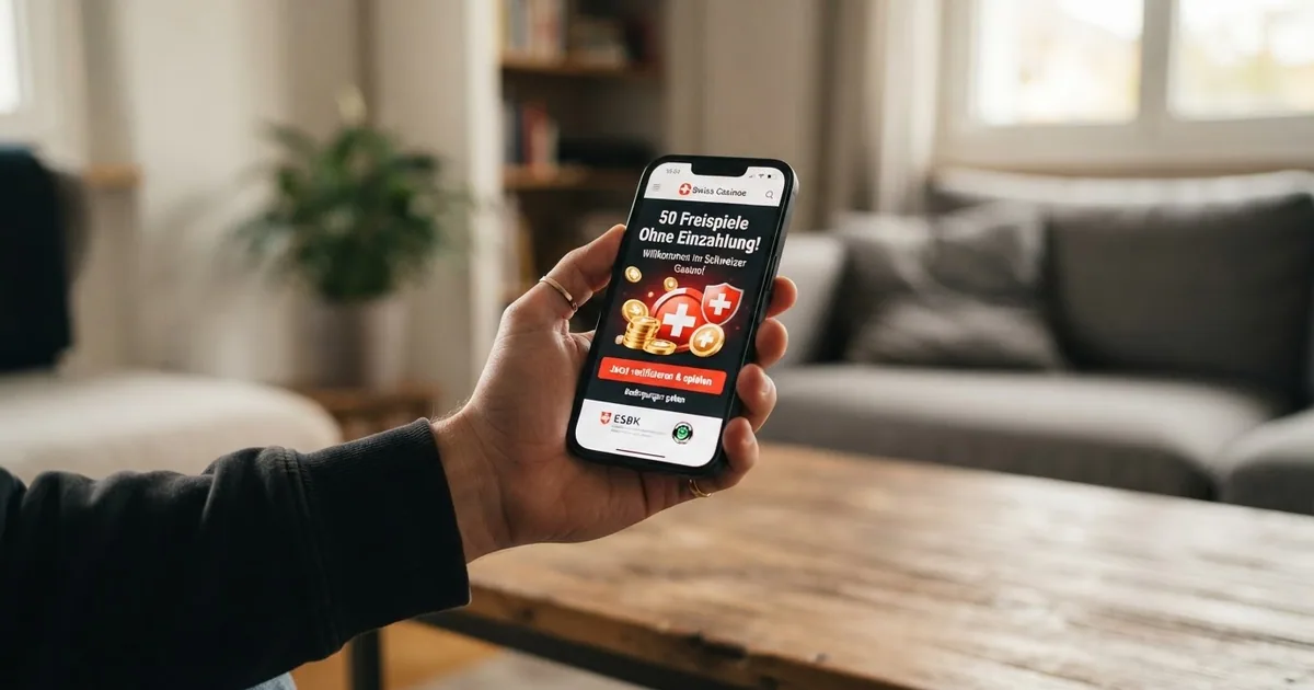 Smartphone mit geöffneter Schweizer Casino-App, auf dem Bildschirm das Willkommens-Angebot «50 Freispiele» neben dem Button «Jetzt verifizieren»