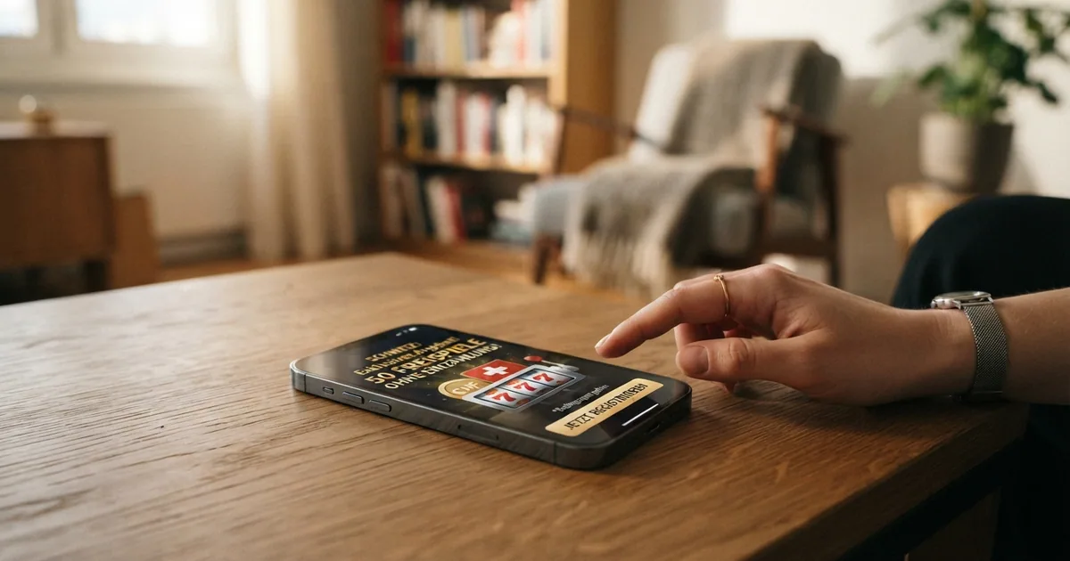 Schweizer Online-Casino Willkommensbildschirm mit Freispiel-Angebot auf einem Smartphone-Bildschirm, vor neutralem Hintergrund