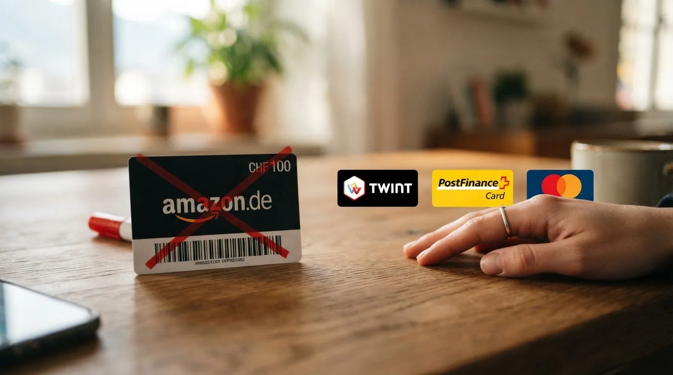 Ein durchgestrichener Amazon-Gutschein neben den Logos der echten CH-Zahlungsmethoden TWINT, PostFinance und Kreditkarte