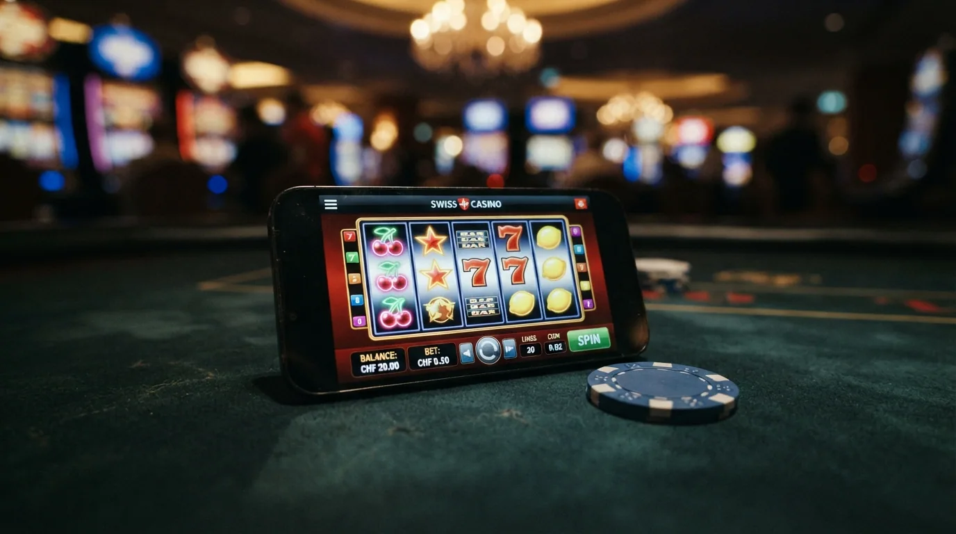 Bildschirm mit Slot-Spielfläche und Einsatzanzeige auf 0.20 CHF