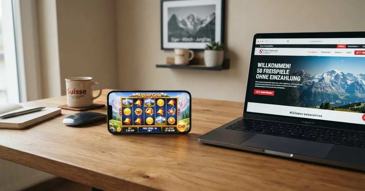 Startseite eines Schweizer Online-Casinos auf einem Bildschirm, daneben ein Smartphone mit einer Freispiel-Gutschrift