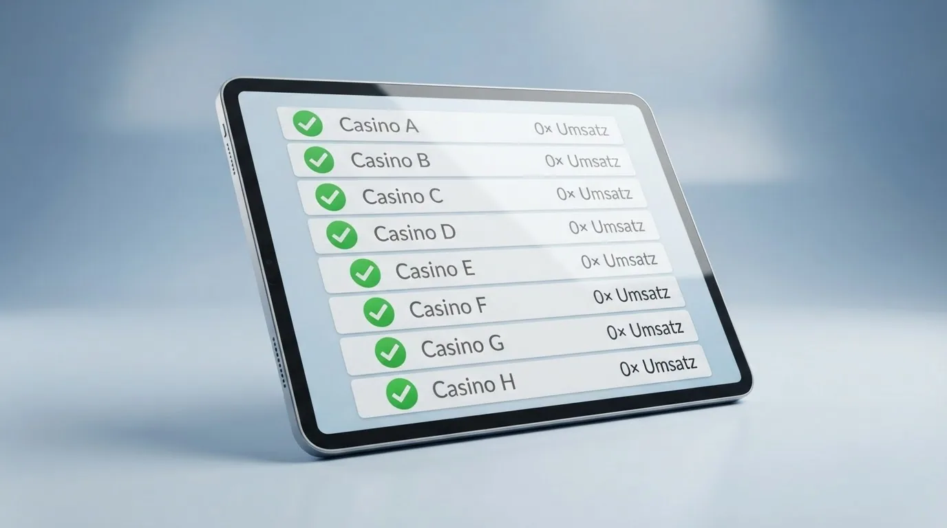 Übersicht von Schweizer Online-Casino-Logos auf einem Bildschirm, im Vordergrund ein Häkchen-Symbol auf dem ein «0× Umsatz»-Label prangt