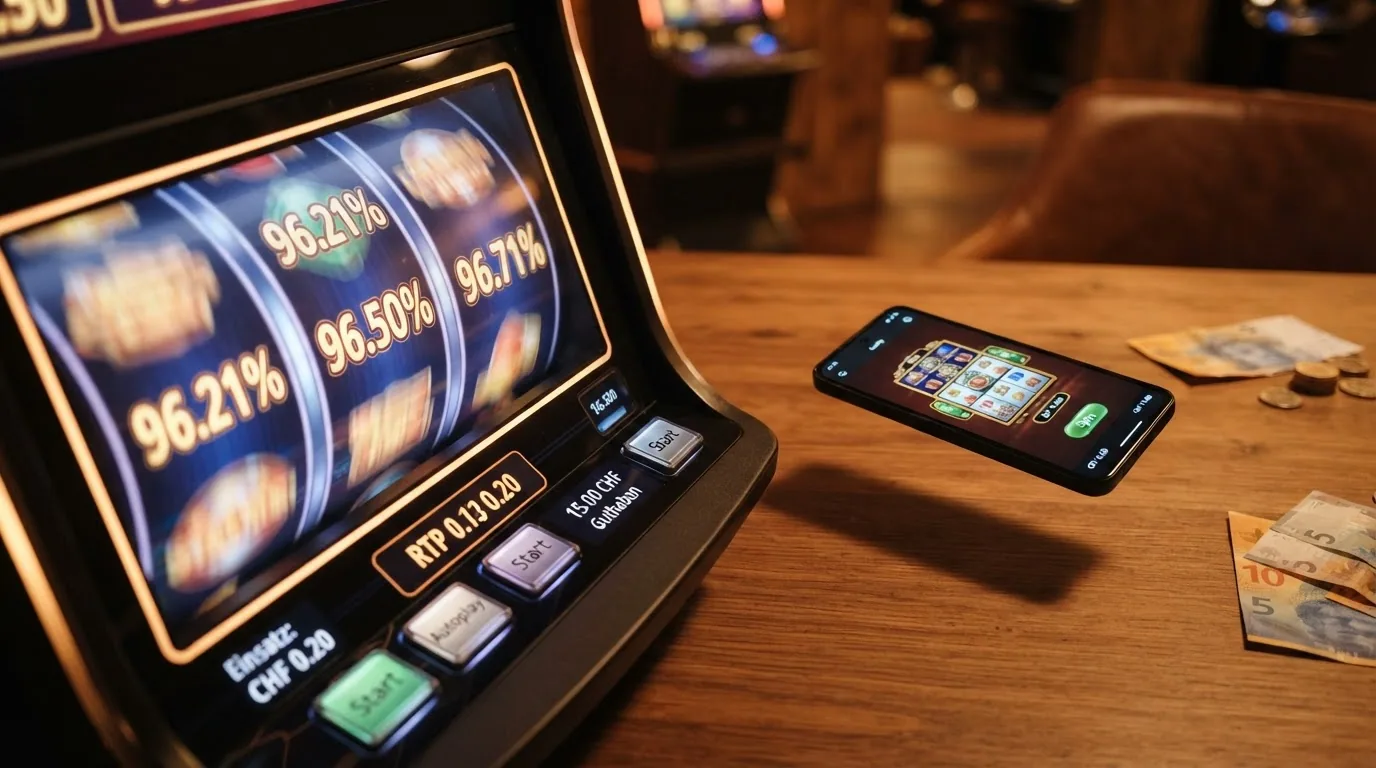 Eine Slot-Walze in Bewegung, auf der statt Früchten die Werte 96.21 %, 96.50 % und 96.71 % aufleuchten, im Hintergrund ein Smartphone mit Casino-App