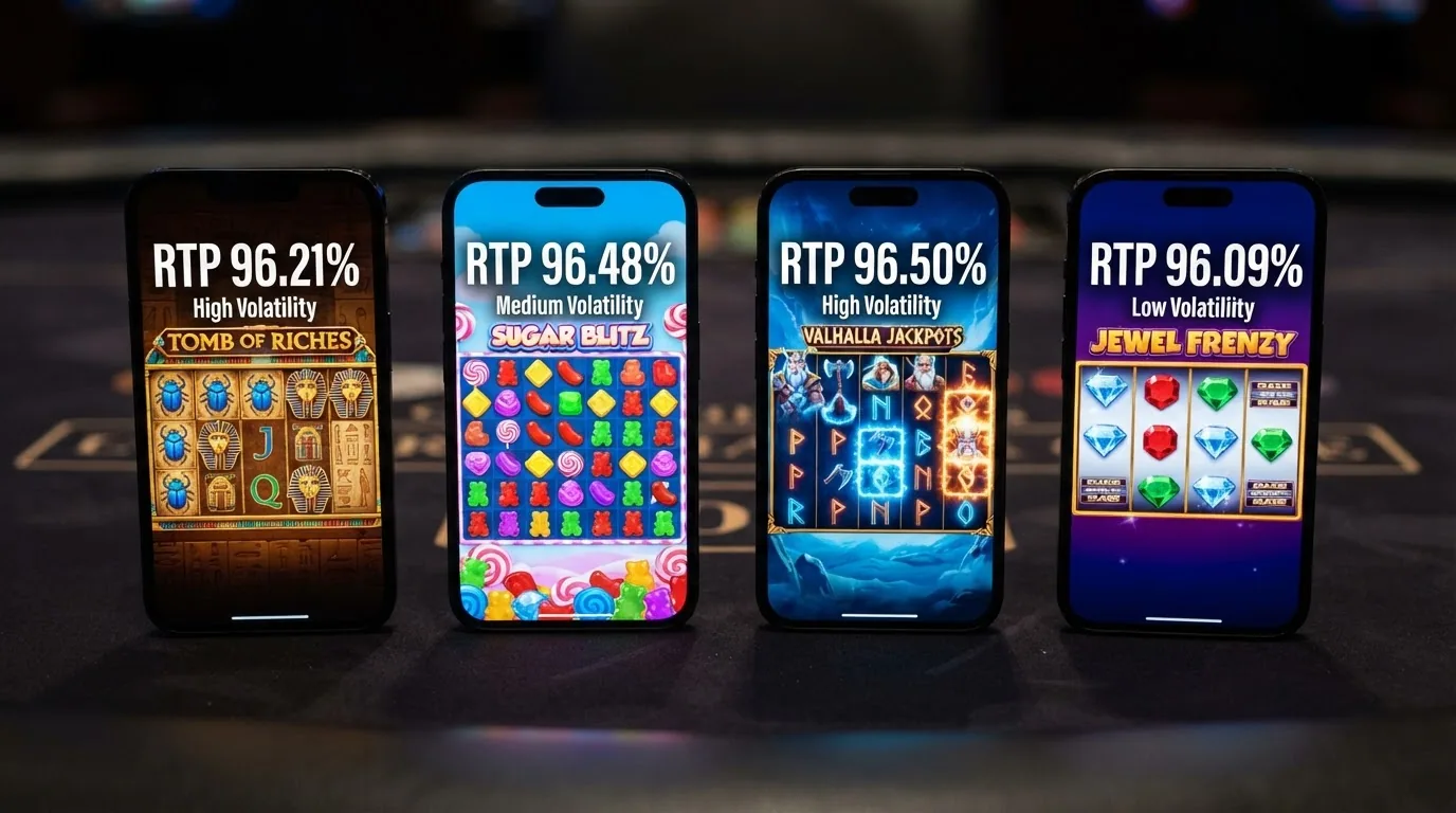 Vier Slot-Screenshots in einer Reihe: Book of Dead, Sweet Bonanza, Gates of Olympus, Starburst – jeweils mit eingeblendetem RTP-Prozentsatz