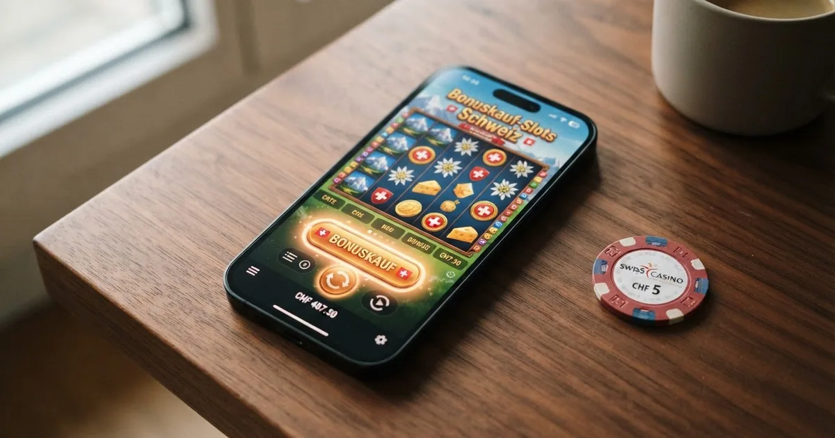 Nahaufnahme eines Smartphone-Bildschirms mit einem Slot-Spiel, auf dem der «Bonuskauf»-Button leuchtend hervorgehoben ist, daneben das Schweizer Casino-Logo