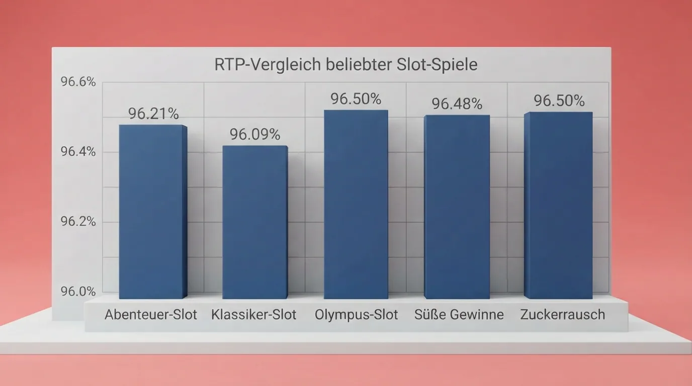 Fünf Slot-Titelkarten (Book of Dead, Starburst, Gates of Olympus, Sweet Bonanza, Sugar Rush) mit ihrer jeweiligen RTP-Prozentzahl und einem farbigen Volatilitätsbalken