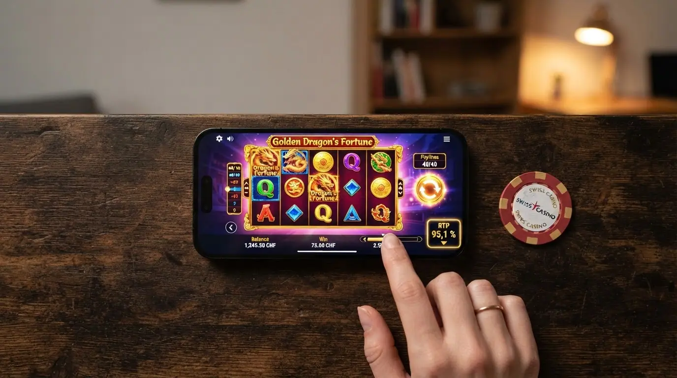 Spielautomat-Bildschirm mit eingeblendeter RTP-Anzeige (96,50 %) und Volatilitäts-Skala, daneben ein Einsatz-Rechner bei CHF 50 Budget