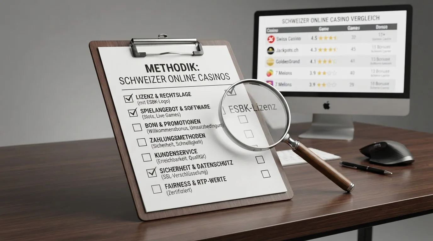 Eine Checkliste auf Klemmbrett mit ESBK-Logo, Lupen-Symbol und Sterne-Bewertung, im Hintergrund Bildschirm mit Casino-Liste