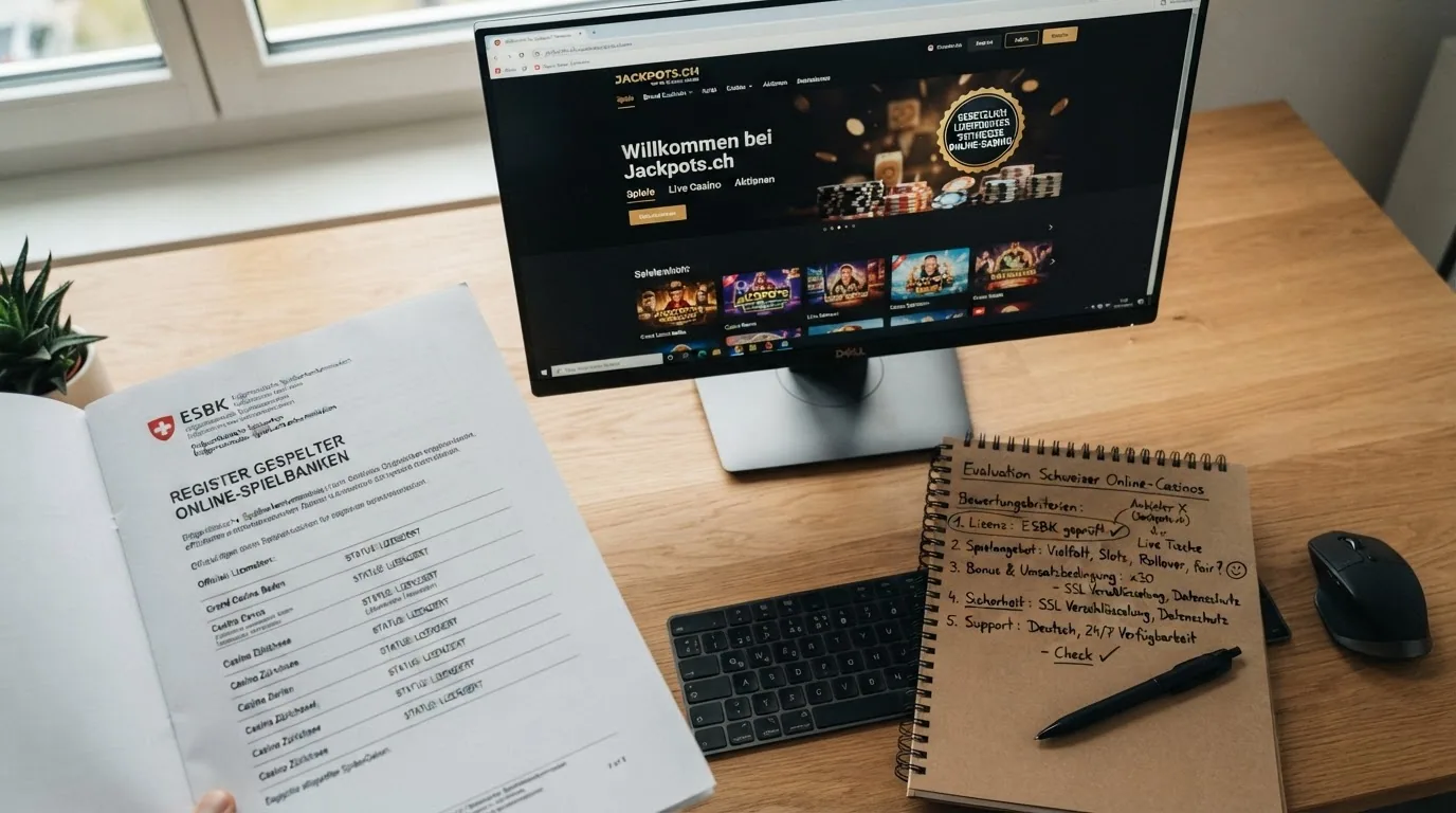 Schreibtisch-Perspektive: ESBK-Register-Auszug, Betreiber-Websites auf einem Monitor und Notizen mit Bewertungskriterien