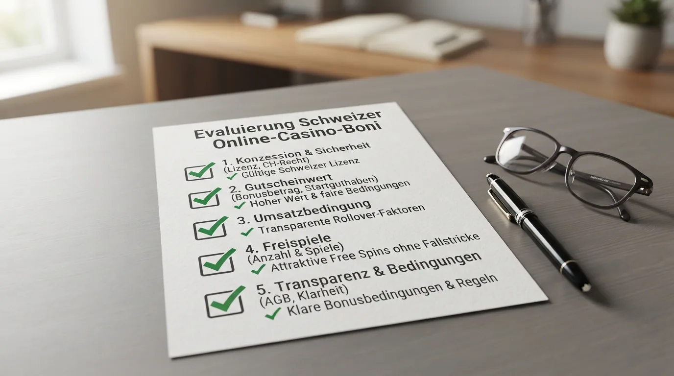 Eine Checkliste mit den fünf Bewertungskriterien (Konzession, Gutscheinwert, Umsatzbedingung, Freispiele, Transparenz) als übersichtliche Grafik mit Häkchen-Symbolen