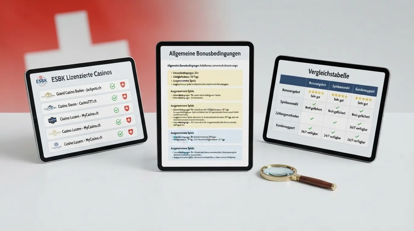 Lupe über Dokumenten: ESBK-Konzessionsliste, Bonus-AGB und Vergleichstabelle als Prüfgrundlage