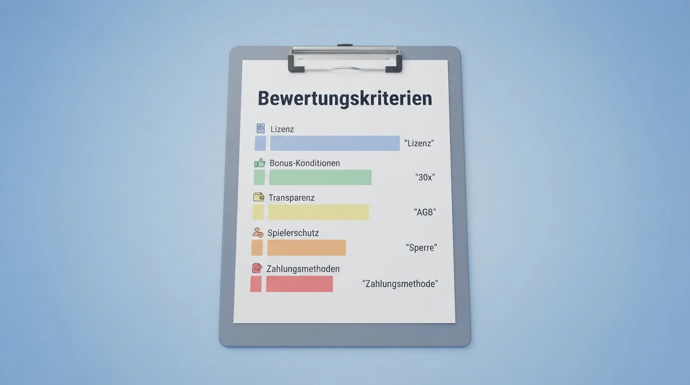 Klemmbrett mit Checkliste und Bewertungskategorien für Casino-Boni — Lizenz, Bonus-Konditionen, Transparenz