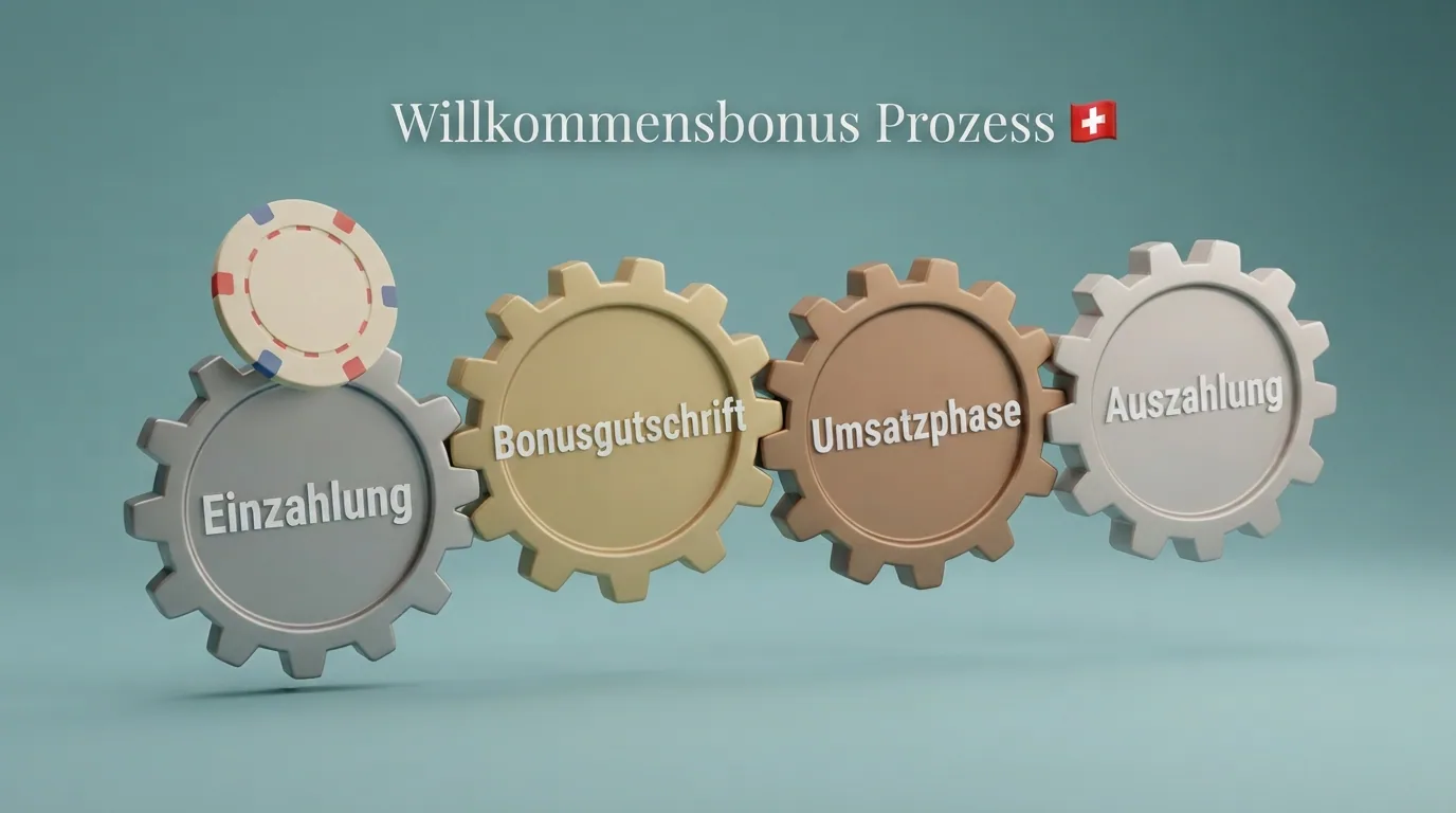 Schematische Darstellung der vier Stufen eines Neukundenbonus: Einzahlung, Bonusgutschrift, Umsatzphase, Auszahlung
