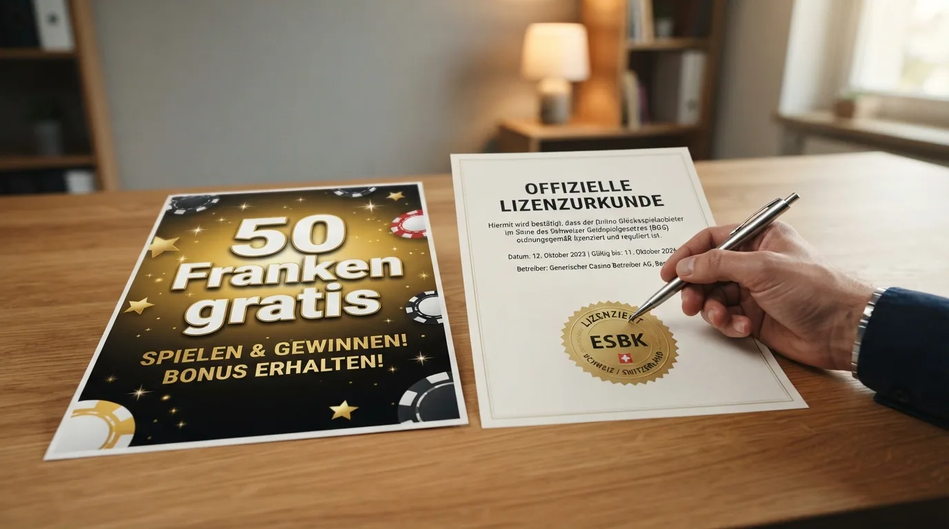 Gegenüberstellung: Ein Casino-Werbeplakat mit «50 Franken gratis»-Schlagzeile links, eine ESBK-Lizenzurkunde mit Verifizierungsbonus rechts