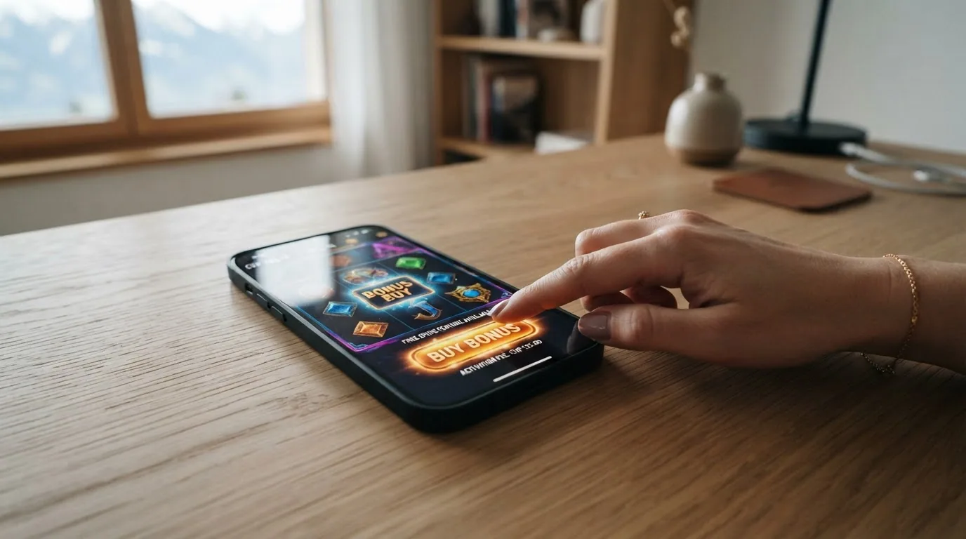 Grafische Darstellung des Ablaufs: Basisspiel → Kauf-Button → sofort aktivierte Bonus-Runde mit Multiplikator-Anzeige