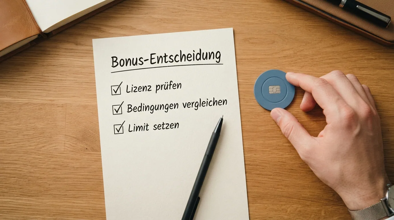 Eine Checkliste mit drei abgehakten Punkten: Lizenz prüfen, Bedingungen vergleichen, Limit setzen