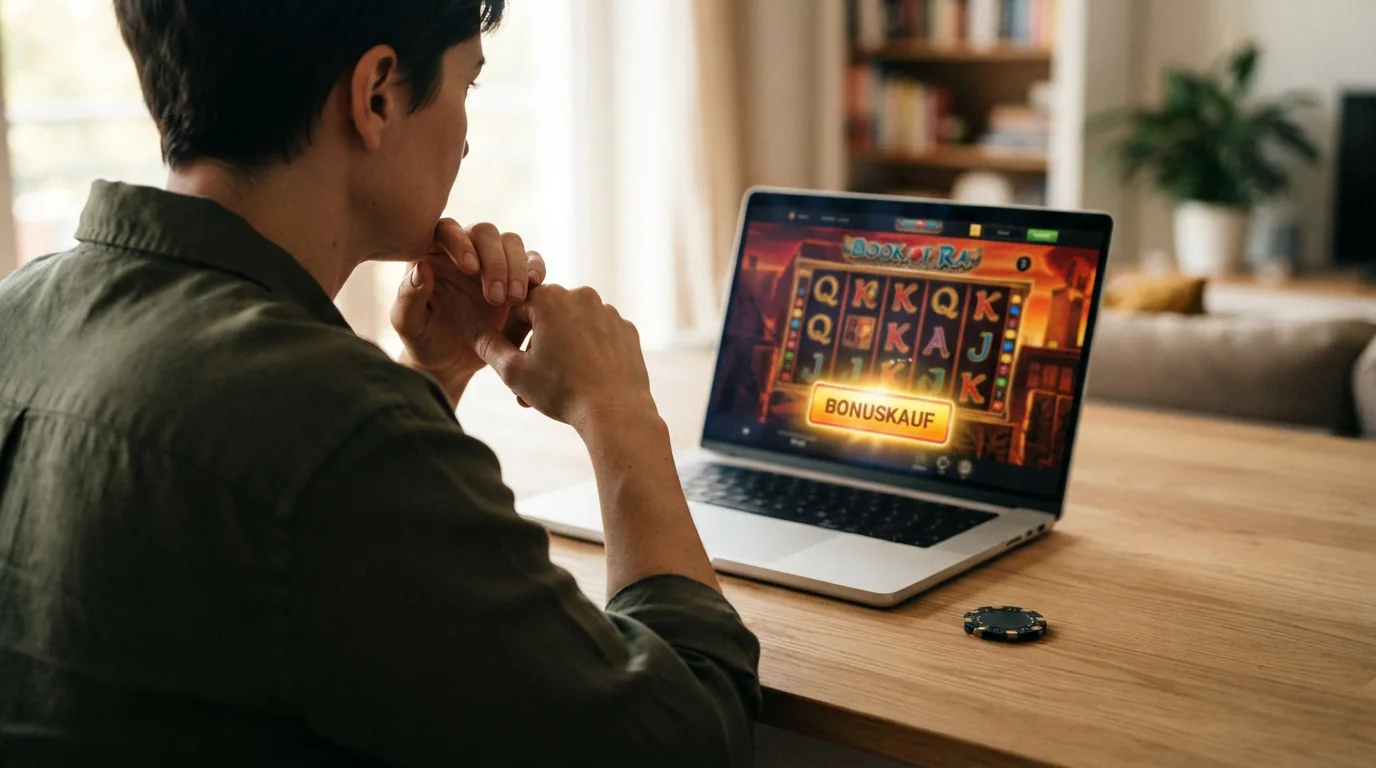 Eine Person sitzt nachdenklich vor einem Laptop, auf dem Bildschirm ist ein Slot mit sichtbarem Bonuskauf-Button und Franken-Betrag zu sehen