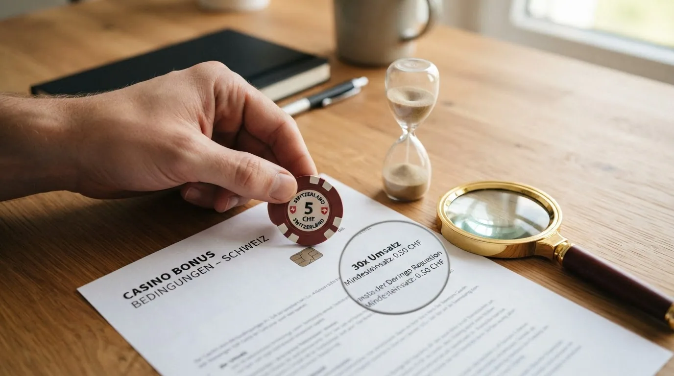 Eine Nahaufnahme: Auf einem Tisch liegen ein Schweizer-Franken-Guthaben in Höhe von 20 Franken und eine Sanduhr, daneben eine Lupe über einem Kleingedruckten mit «30x»