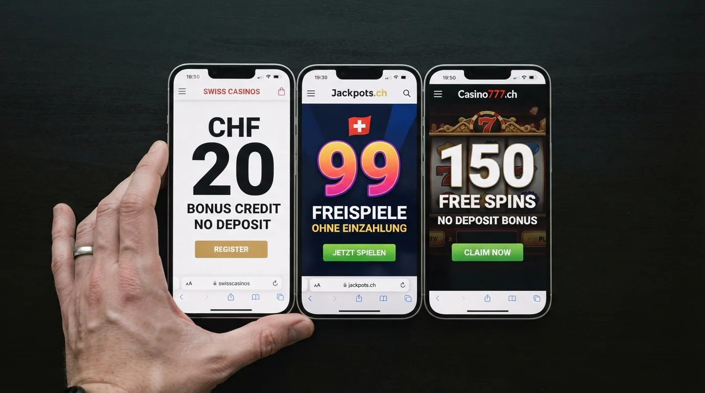 Drei nebeneinanderliegende Schweizer Casino-Willkommensbildschirme, die unterschiedliche No-Deposit-Angebote anzeigen – eines mit CHF 20, eines mit 99 Freispielen, eines mit 150 Freispielen