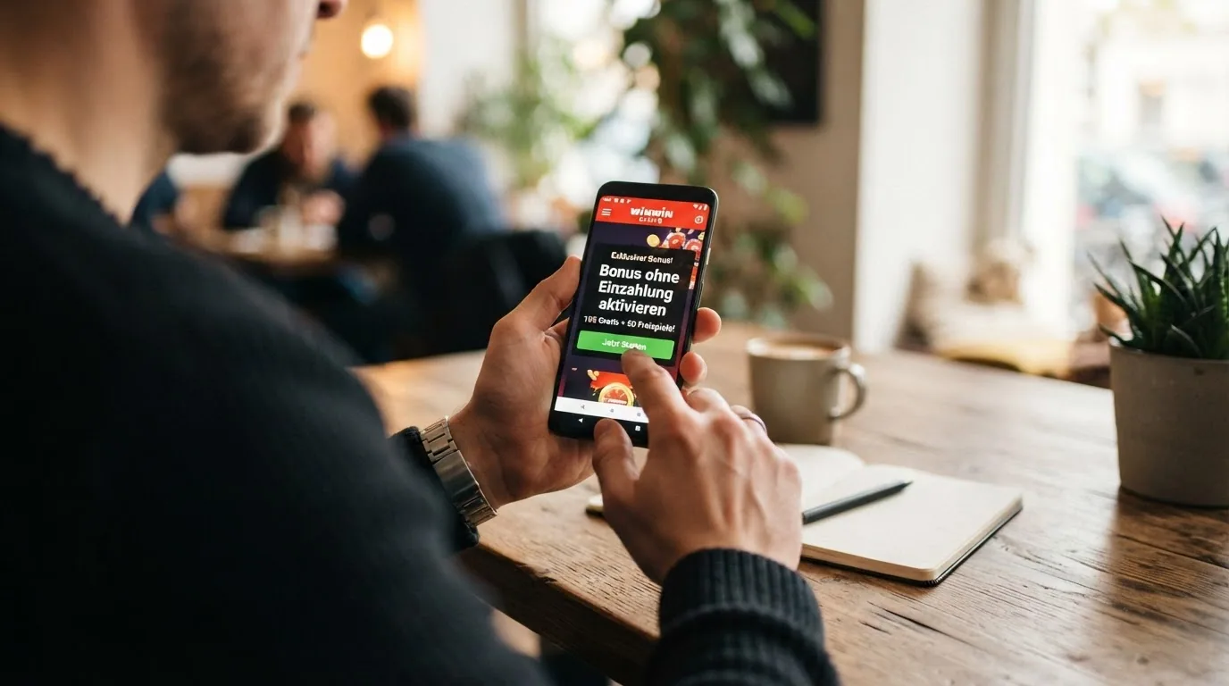 Ein Smartphone zeigt eine Bonus-Aktivierungsseite mit der Aufschrift «Bonus ohne Einzahlung aktivieren»