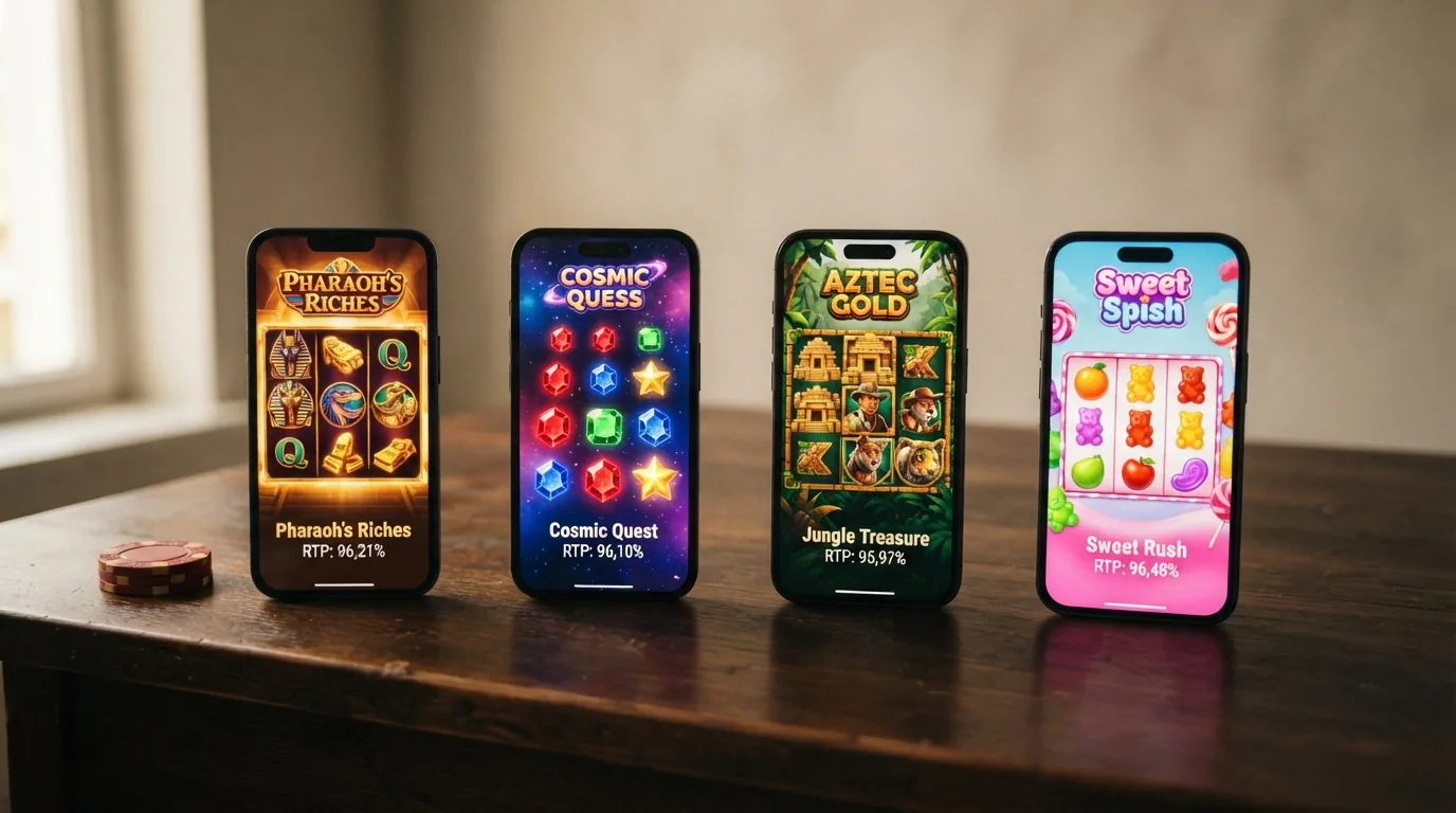 Vier Spielautomaten-Bildschirme nebeneinander: Book of Dead, Starburst, Gonzo's Quest, Sweet Bonanza mit eingeblendeten RTP-Werten