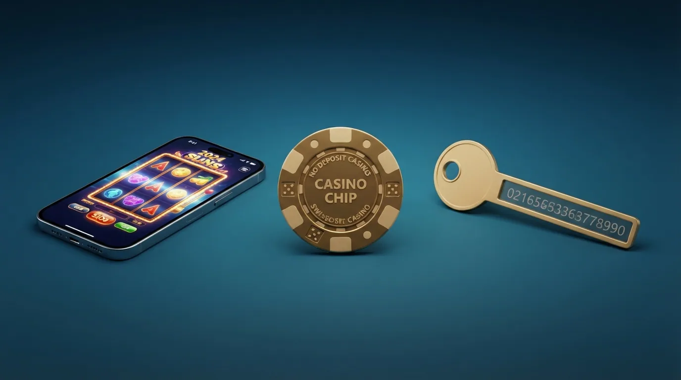 Drei stilisierte Elemente nebeneinander: ein Roulette-Chip mit CHF-Symbol, ein Smartphone mit Freispiel-Symbolen, ein goldener Schlüssel mit Code-Feld