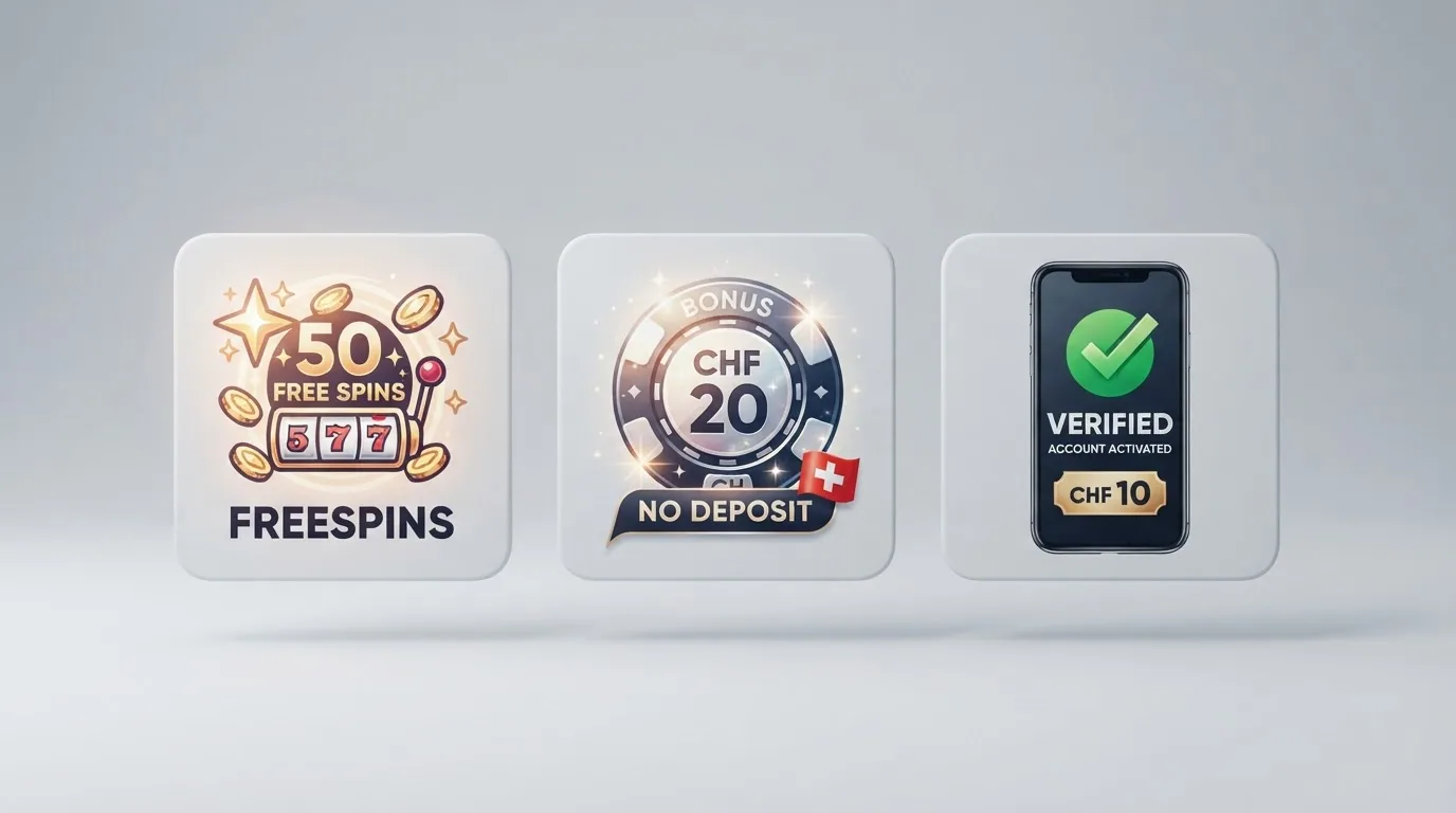 Drei illustrierte Kacheln nebeneinander: Freespin-Symbol, CHF-Münze mit Casino-Chip, und ein Verifizierungs-Haken auf einem Smartphone