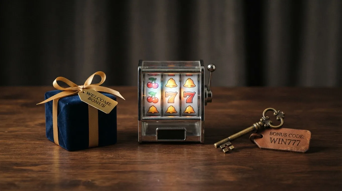 Drei nebeneinanderliegende Casino-Bonus-Symbole: ein Geschenkpaket (Willkommensbonus), ein Slot-Walzen-Symbol (Freispiele) und ein Schlüssel (Bonus-Code)