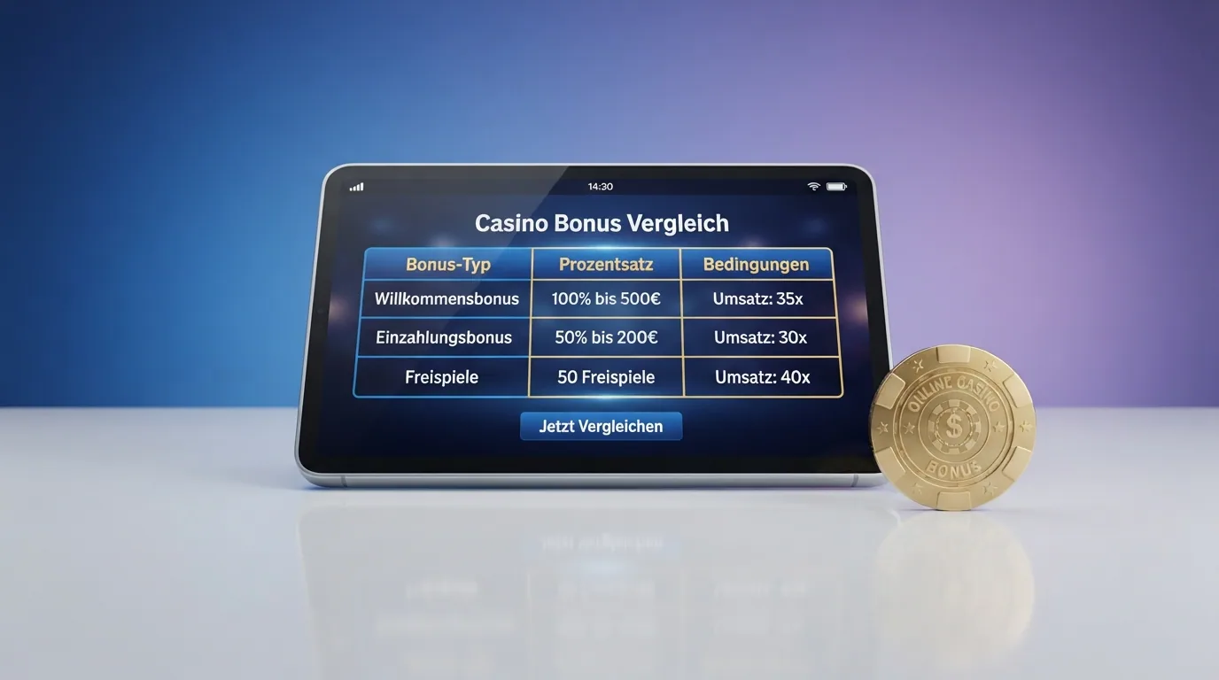Eine Übersicht verschiedener Casino-Bonus-Typen mit Prozentwerten und Bedingungen auf einer Website