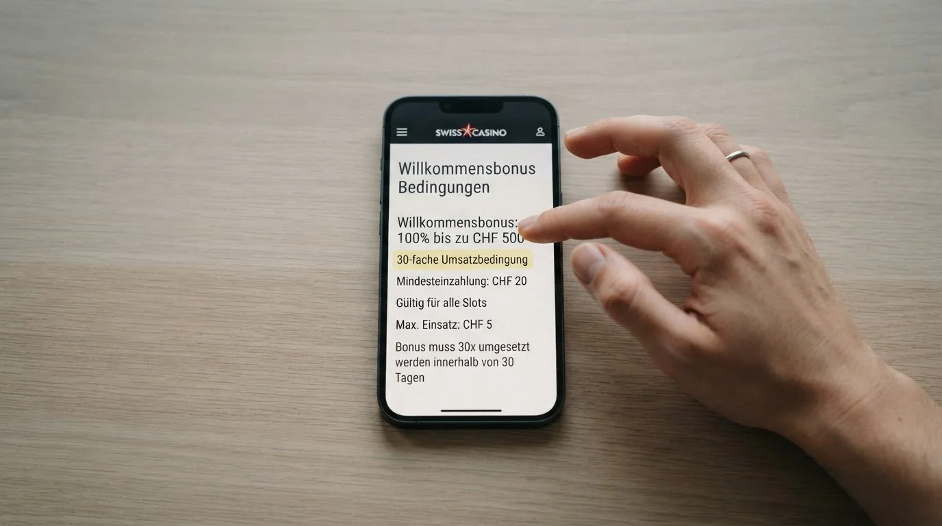 Nahaufnahme eines Smartphone-Displays mit den Bonusbedingungen eines Schweizer Online-Casinos, die Umsatzbedingung (30x) ist gelb markiert