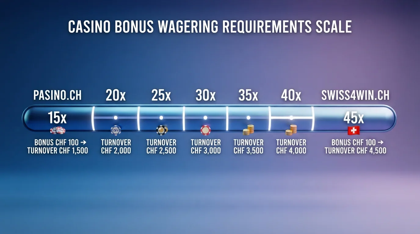 Eine visuelle Skala von 15x bis 45x Umsatzbedingung mit entsprechenden Euro-Beträgen als Vergleichsbalken, die den Unterschied zwischen Bonus-Versprechen und realen Kosten zeigt