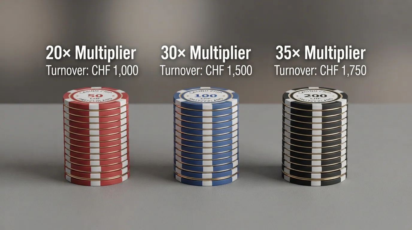 Drei nebeneinander liegende Spielchips-Stapel, beschriftet mit «20×», «30×» und «35×», darunter der jeweils resultierende Umsatzbetrag in CHF
