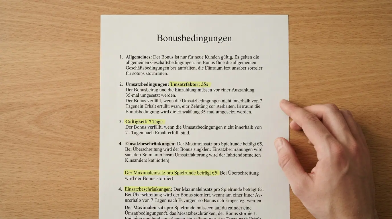 Nahaufnahme eines Bonusbedingungen-Dokuments mit Markierungen an Umsatzfaktor, Gültigkeit und Maximaleinsatz