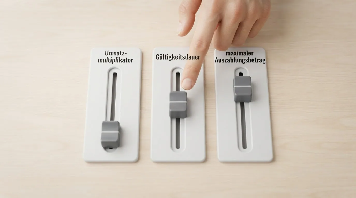 Eine grafische Darstellung von drei Bonus-Kennzahlen: Umsatzmultiplikator, Gültigkeitsdauer und maximaler Auszahlungsbetrag