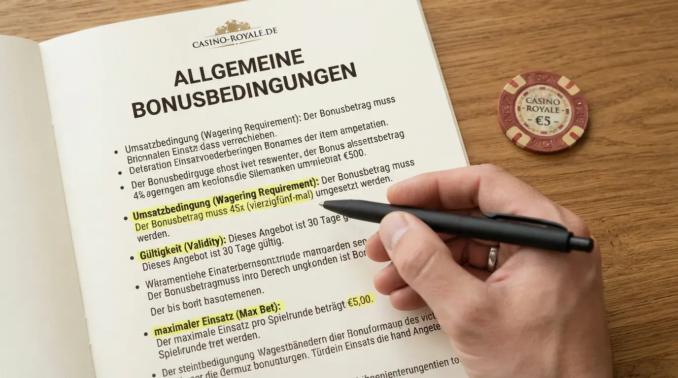 Nahaufnahme eines Bonusbedingungen-Dokuments mit Markierungen zu Umsatzbedingung und Gültigkeit