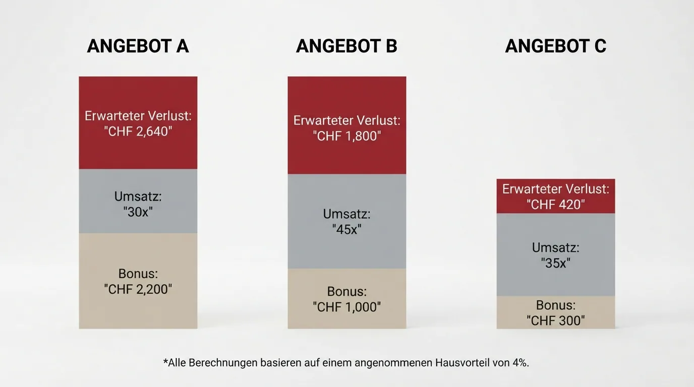 Infografik: Drei gestapelte Balken die Bonusbetrag, erforderlichen Umsatz und erwarteten Verlust für drei Beispiel-Boni visuell gegenüberstellen