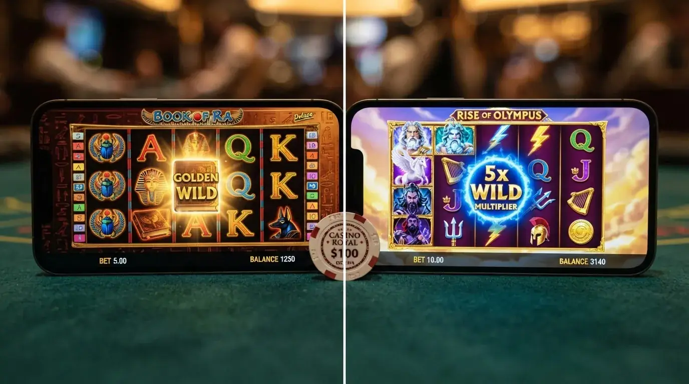 Split-Screenshot: Book of Dead links, Gates of Olympus rechts, mit eingeblendeten RTP-Werten als Zahlen