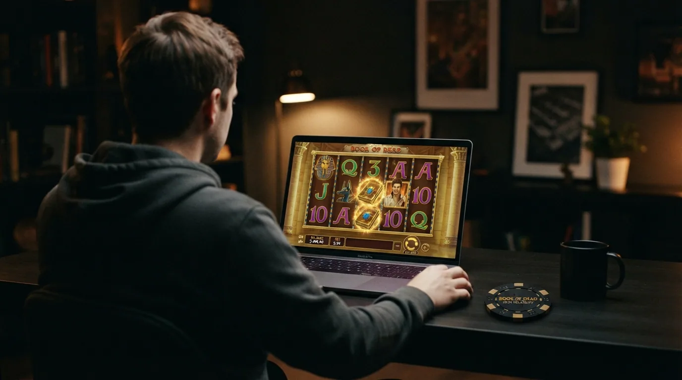 Spielbildschirm von Book of Dead mit sichtbaren Walzen und dem markanten Rich-Wilde-Symbol
