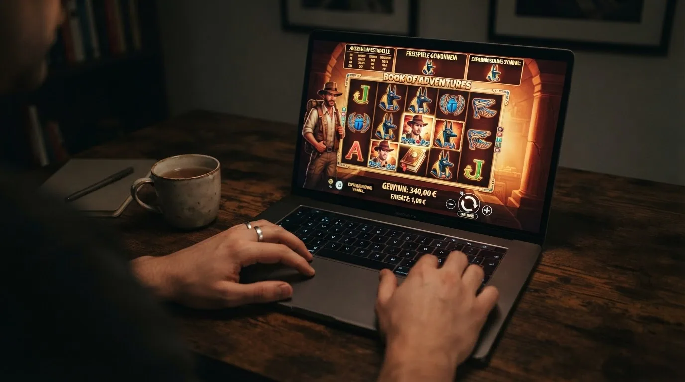Spielbildschirm des Slots «Book of Dead» mit Rich Wilde als Hauptfigur, ägyptischen Symbolen auf fünf Walzen und der eingeblendeten Auszahlungstabelle