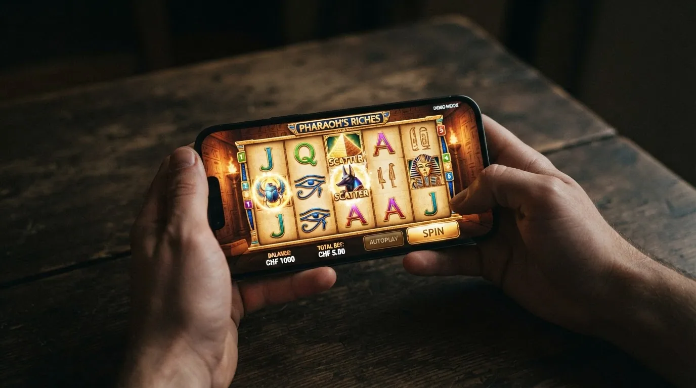 Bildschirmfoto des Book-of-Ra-Deluxe-Spielautomaten im Demo-Modus, die Walzen mit ägyptischen Symbolen im Stillstand, Spielgeld-Guthaben eingeblendet