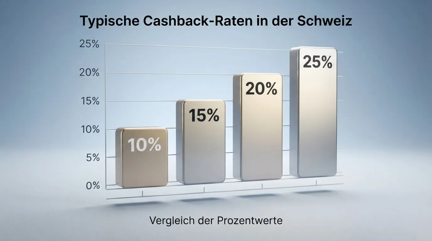 Balkendiagramm mit den typischen Cashback-Prozentsätzen im Schweizer Markt — 10 %, 15 %, 20 % und 25 % im Vergleich