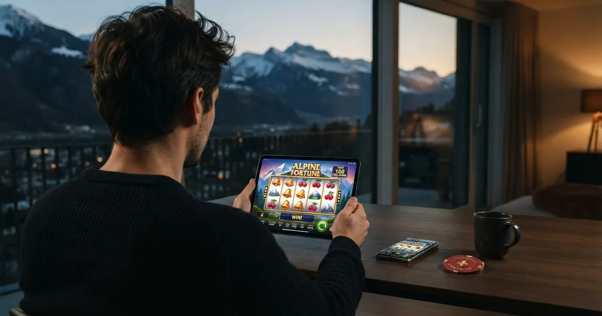 Schweizer Online-Casino mit Freispiel-Angebot auf dem Bildschirm, daneben ein Smartphone mit geöffneter Casino-App