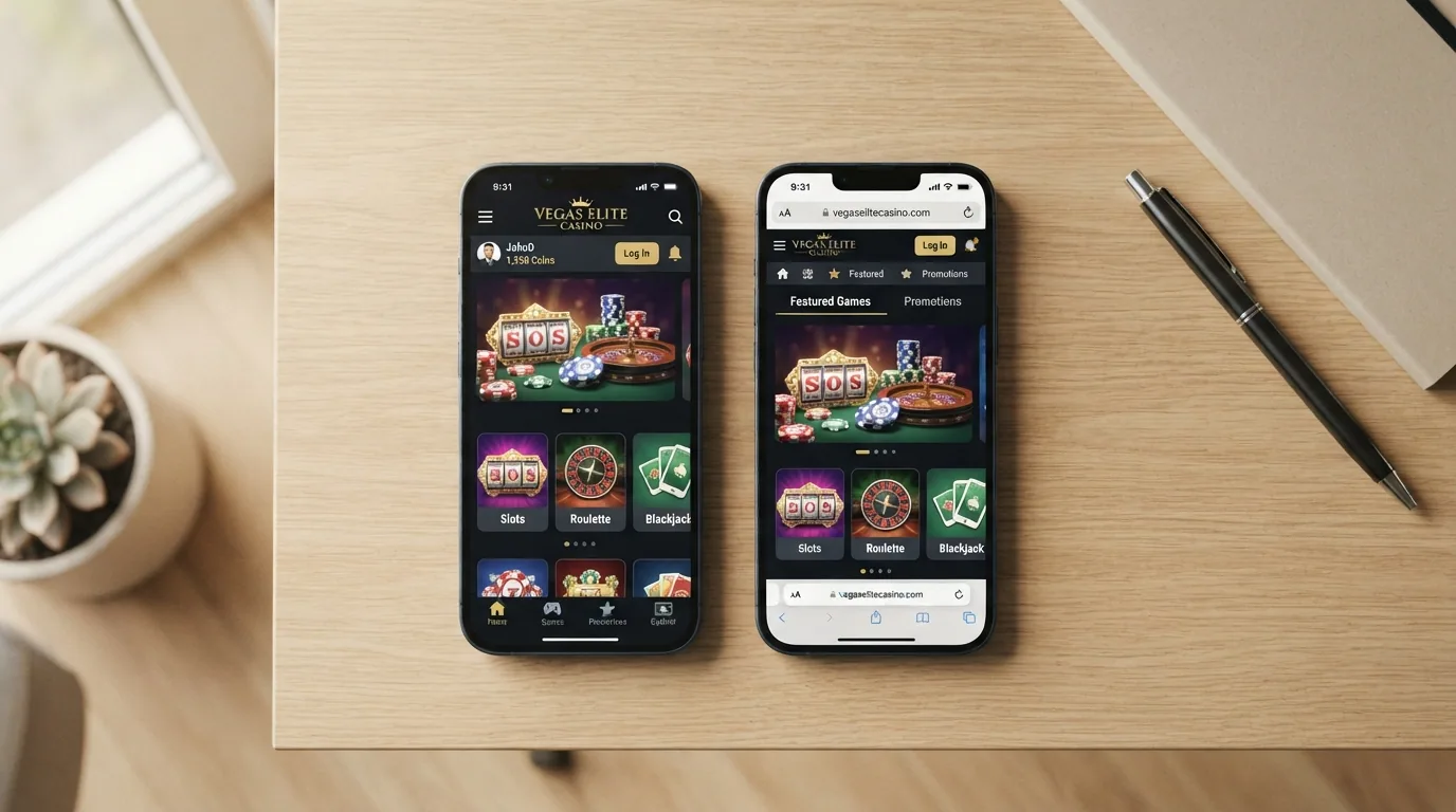 Zwei nebeneinanderliegende Smartphones zeigen links eine Casino-App und rechts das gleiche Casino im mobilen Browser