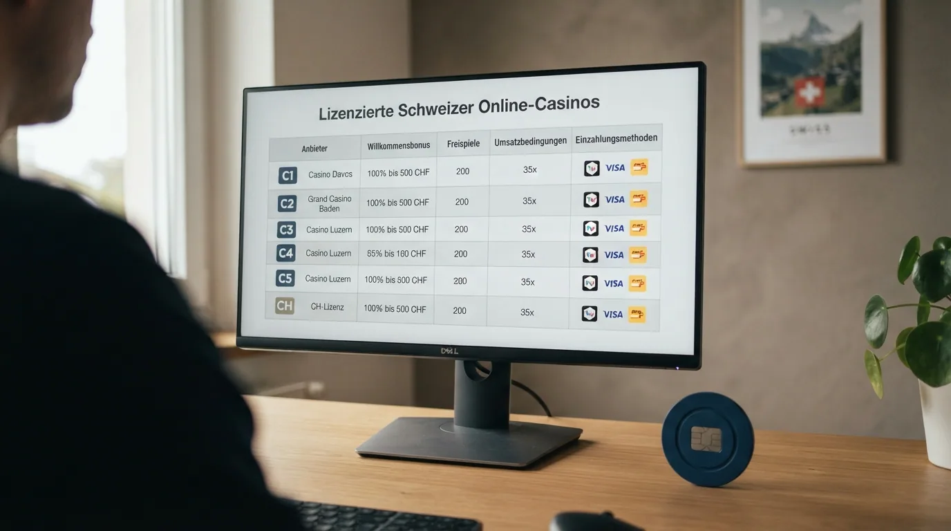 Eine tabellarische Übersicht mit zehn Casino-Logos und ihren Nebeninformationen auf einem Bildschirm